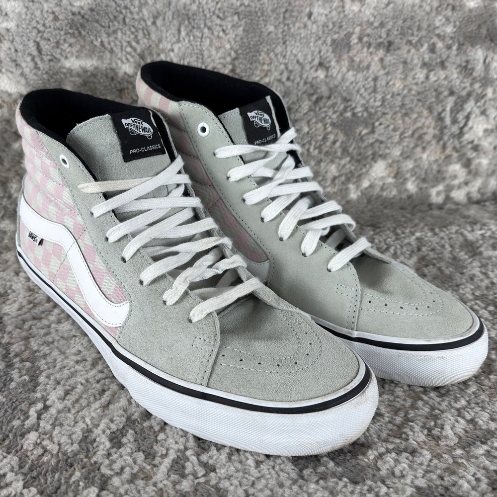Vans Size 13 Sk8-Hi Pro Checkerboard Skate Sneakers Grey‎ Pink High Top Mens